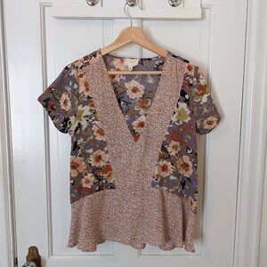 Anthropologie En Elle Floral Peplum Short Sleeve Blouse